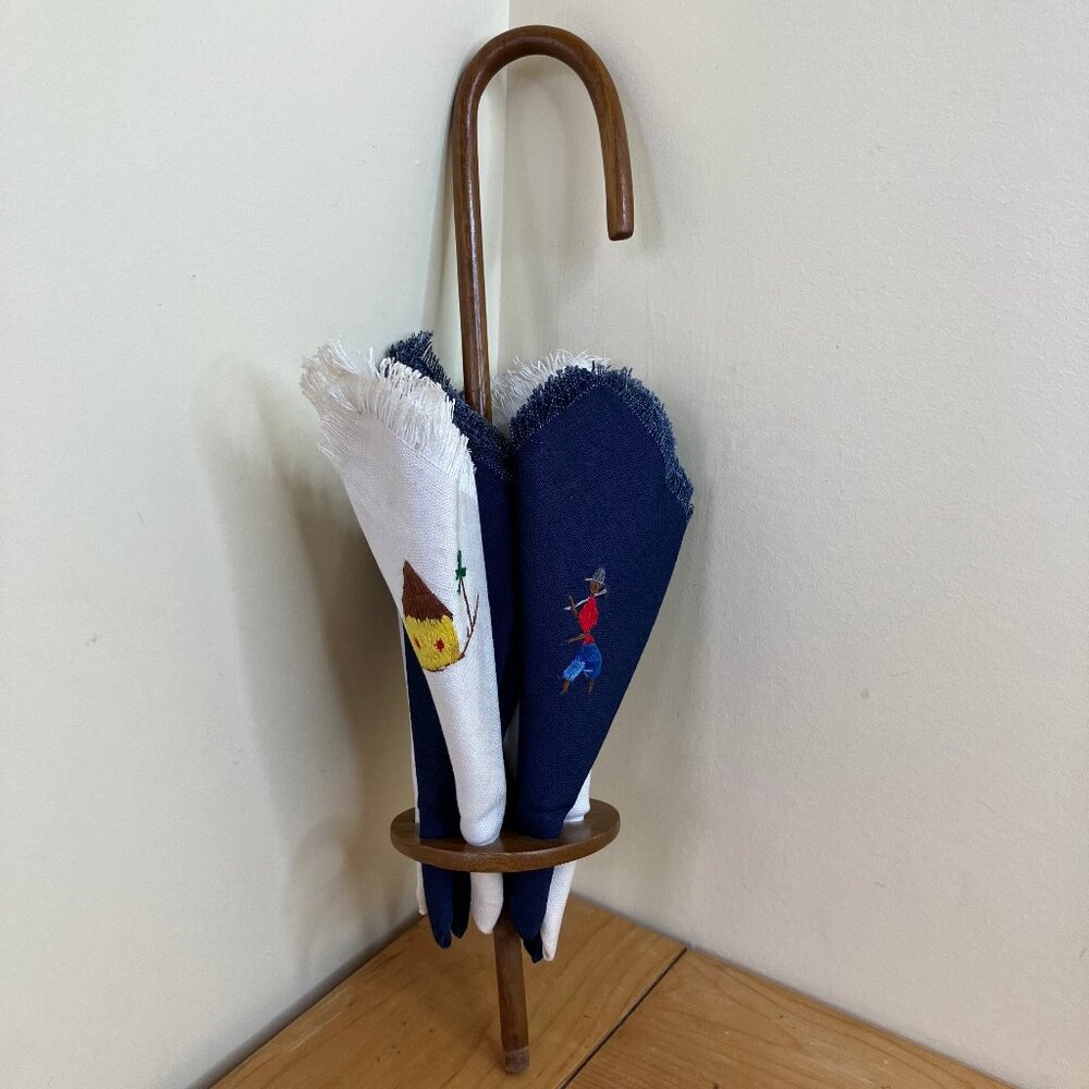 Jamaican Embroidered Napkin Set with Wood Umbrella Shape Holder Tropical Linens
